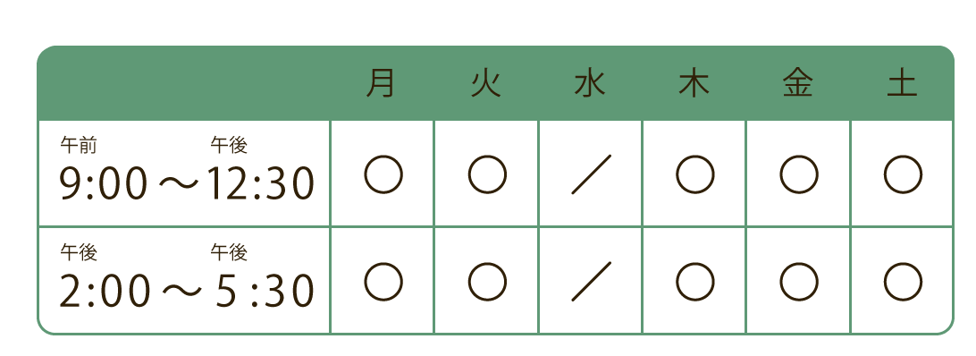 午前診療9時半から1時、午後診療3時から6時半（木曜休み）